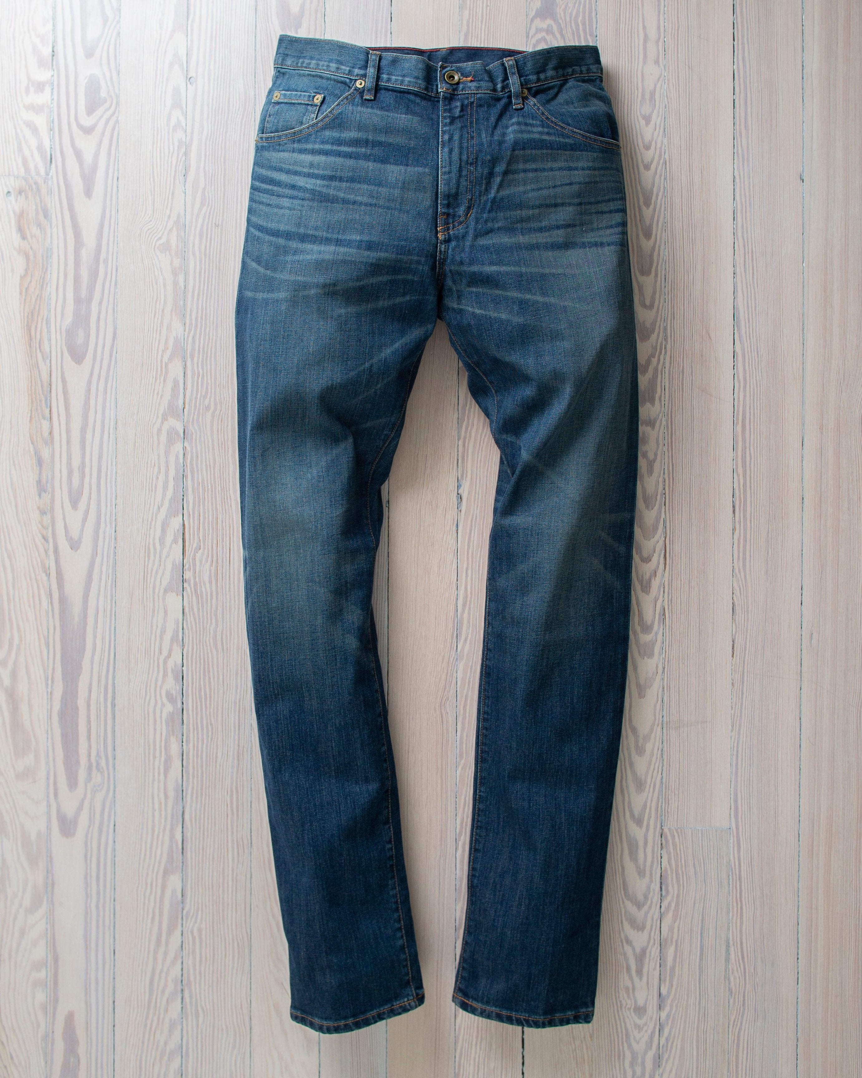 angle: 319 Wash | Raleigh Denim Workshop Alexander work fit jeans in the 319 wash, front view