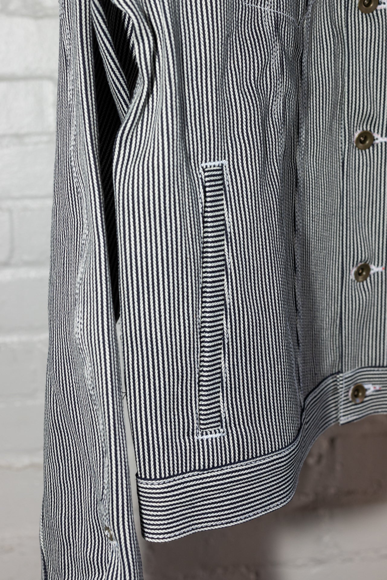 angle: Denim Jacket Railroad Stripe | Raleigh Workshop denim jacket in a black and white railroad stripe
