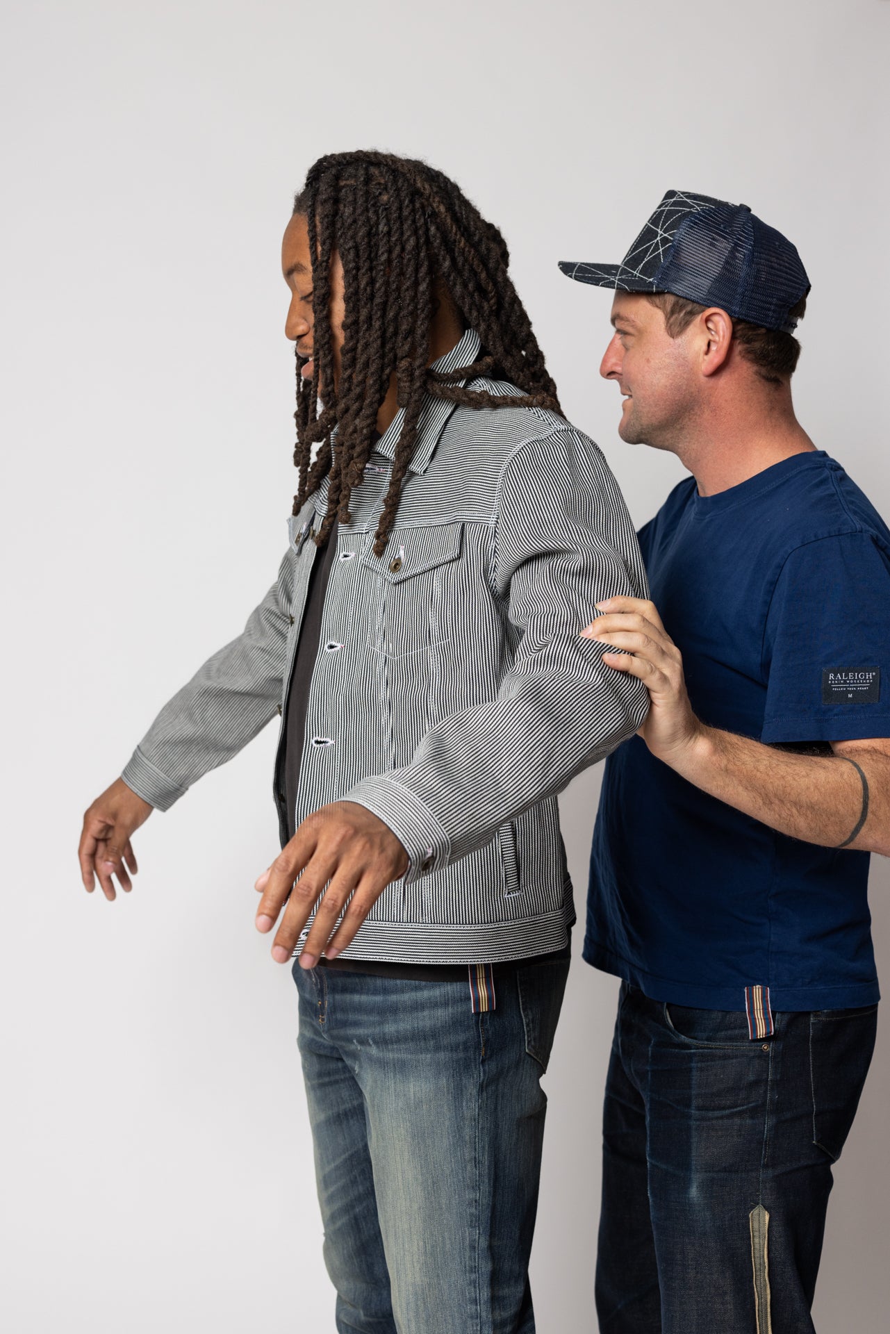 angle: Denim Jacket Railroad Stripe | Raleigh Workshop denim jacket in a black and white railroad stripe