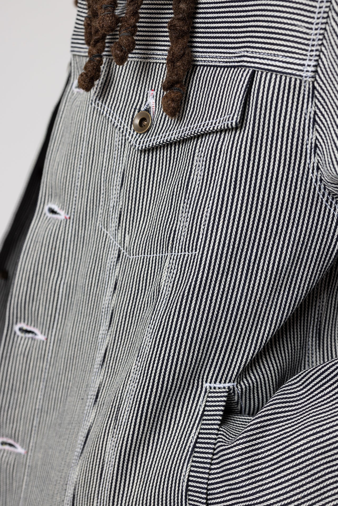 angle: Denim Jacket Railroad Stripe | Raleigh Workshop denim jacket in a black and white railroad stripe