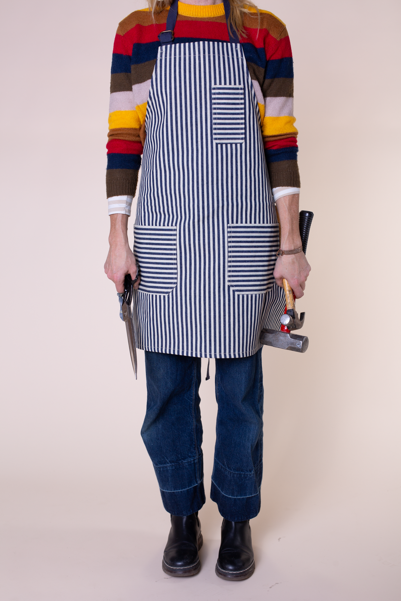 Patch Pocket Apron | Indigo + Ivory Stripe