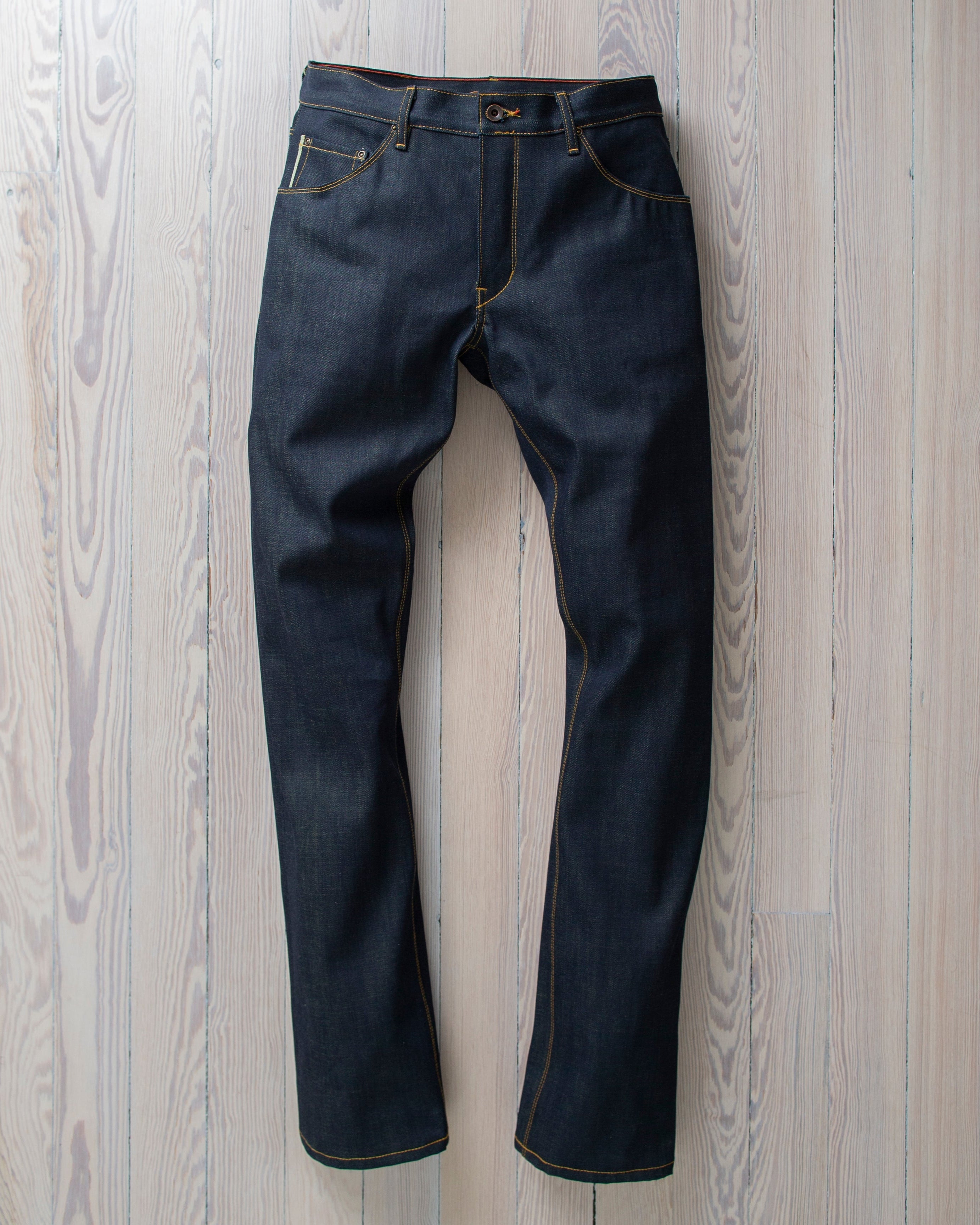 angle: white oak | Raleigh Denim Workshop Jones thin fit that are selvage raw, front view