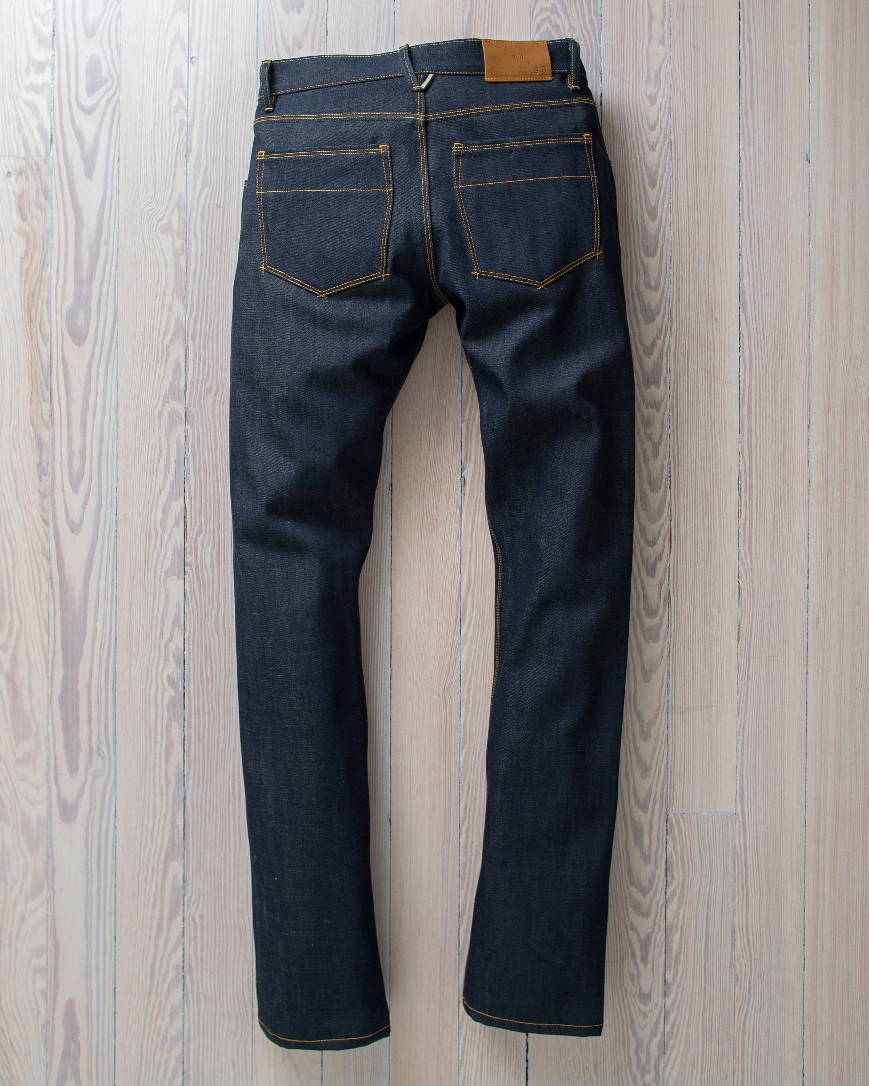 angle: white oak | Raleigh Denim Workshop Jones thin fit that are selvage raw, front view