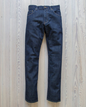 angle: resin rinse | Raleigh Denim Workshop Alexander work fit jeans with a dark wash, front view